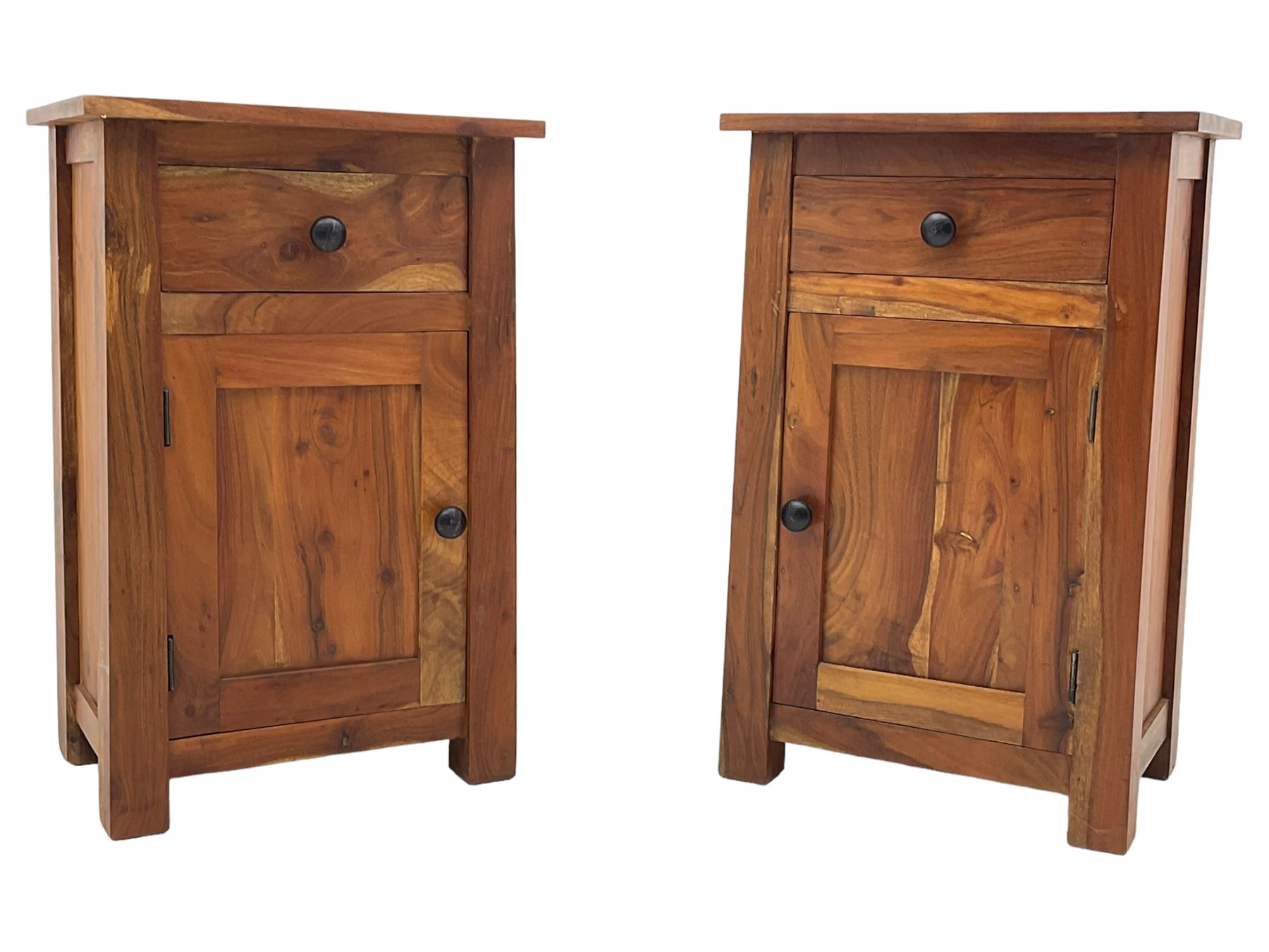 Pair of hardwood bedside cabinets, fitted with single drawer over panelled cupboard 