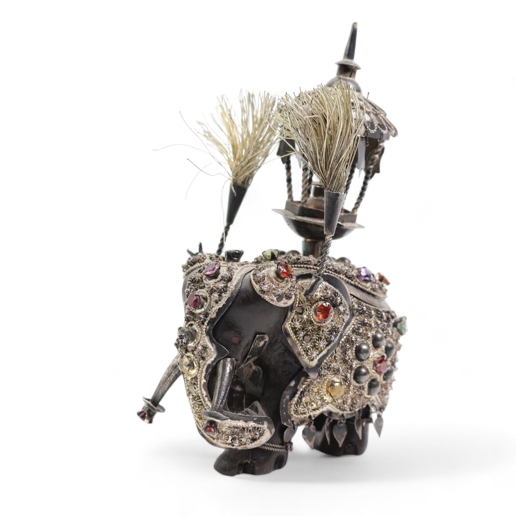 Sri Lanka carved ebony and filigree silver model of an elephant, set with oval cut citrines, amethyst, garnets and spinels, H12.5cm