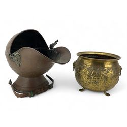 19th century copper coal scuttle, brass twin-handled planter, the bulbous body embossed with fruiting vines, H23cm (2)