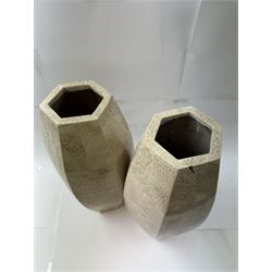 Pair of fossilised coral mosaic vases, of hexagonal form, H46cm