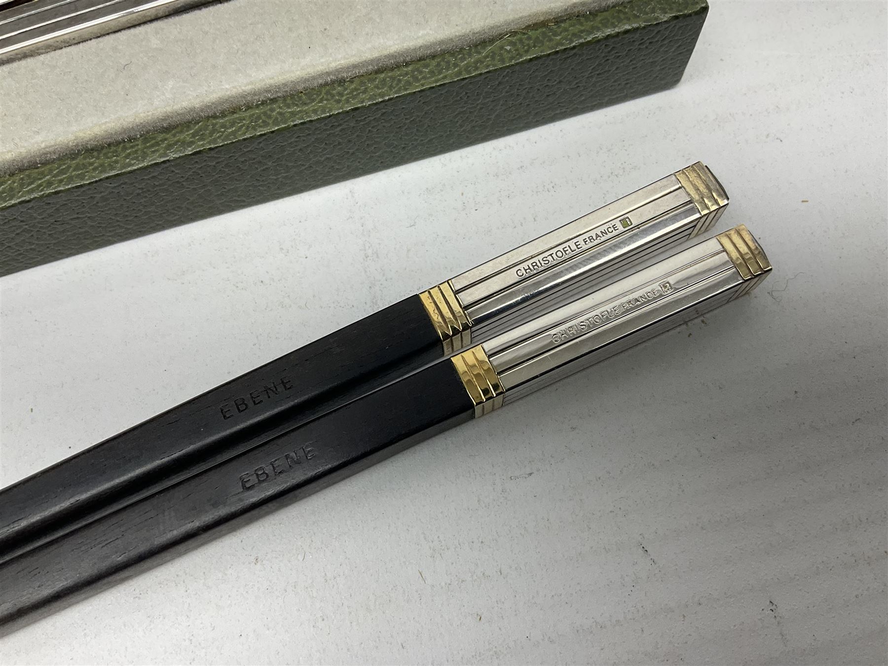 Set of eight silver plated ebony chopsticks by Christofle France, in presentation case