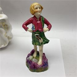 Royal Worcester, Scotland, modelled by Freda Doughty, No.3104, together with two Royal Doulton figures Miss Muffet HN1936 and Sweet Seventeen HN2734