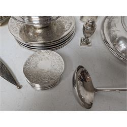 Glass hip flask, with silver cap/collar and plated cup and a silver topped pepper shaker, together with silver plated items including place mats, coasters, serving dishes, etc