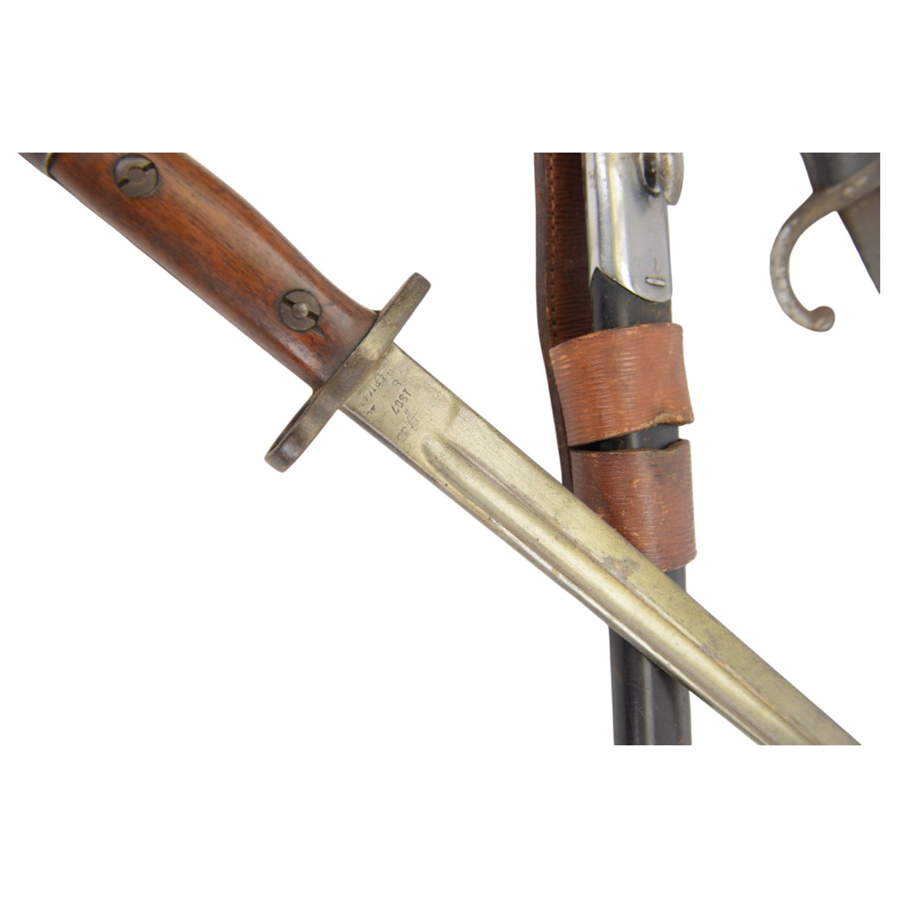 Lee Enfield bayonet in steel mounted leather scabbard, together with another bayonet