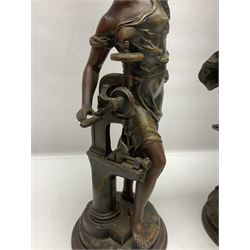 After Charles Octave Levy, pair of bronzed spelter figures, 'Industrie' and 'Commerce', upon stepped wooden plinth, H42cm