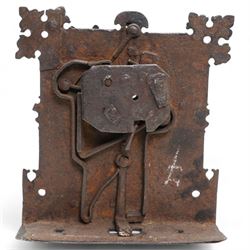 Antique iron door lock plate, lacking key, 17cm x 18cm