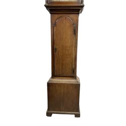 Late 18th century - 8-day Scottish mahogany longcase clock, with a broken arch pediment and blind fretwork beneath,  break arch hood door with attached pilasters and brass capitals,  trunk with a long door and break-arch top, rectangular plinth raised on plain bracket feet, brass dial with a matted dial centre, cast spandrels, pierced steel hands, recessed silvered seconds dial and square date aperture,  the names of John Law of Beith & Robert Thomson of Borrowstonnes (Bo'ness)  engraved separately on a silvered boss and cartouche ring in the dial arch, dial pinned directly to a rack striking two train weight driven movement, striking the hours on a bell. With weights and pendulum.


