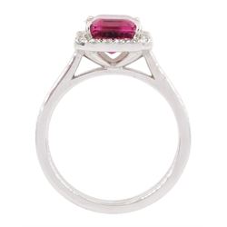 18ct white gold emerald cut tourmaline and round brilliant cut diamond cluster ring, hallmarked, tourmaline approx 2.45, total diamond weight approx 0.20 carat