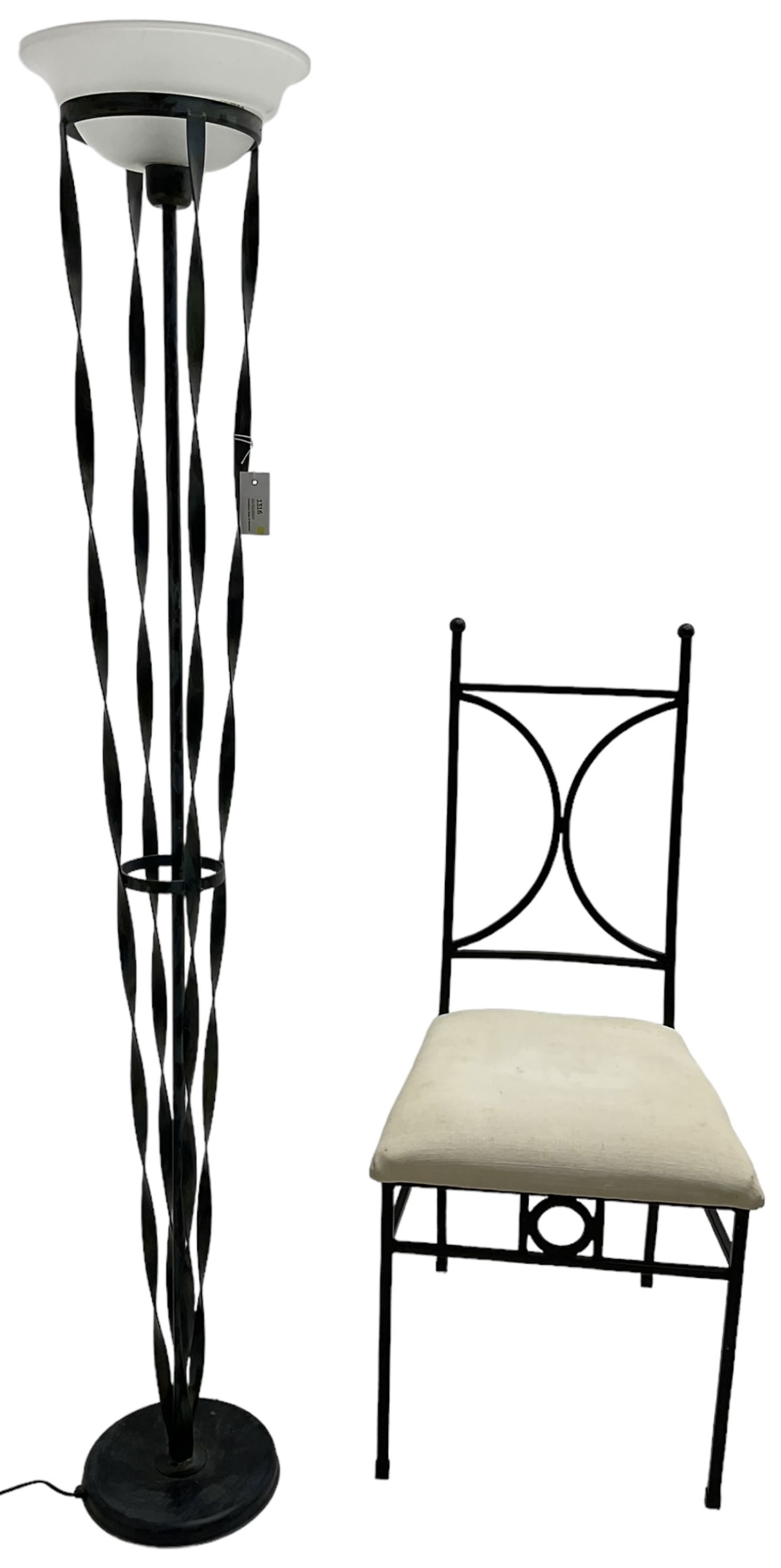 Wrought metal standard lamp (H170cm); wrought metal side chair with curved X-framed back over upholstered seat (W49cm)