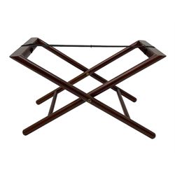 Mahogany butler's tray coffee table, oval tray with hinged sides pierced with handles, inlaid with star motif, on folding stand