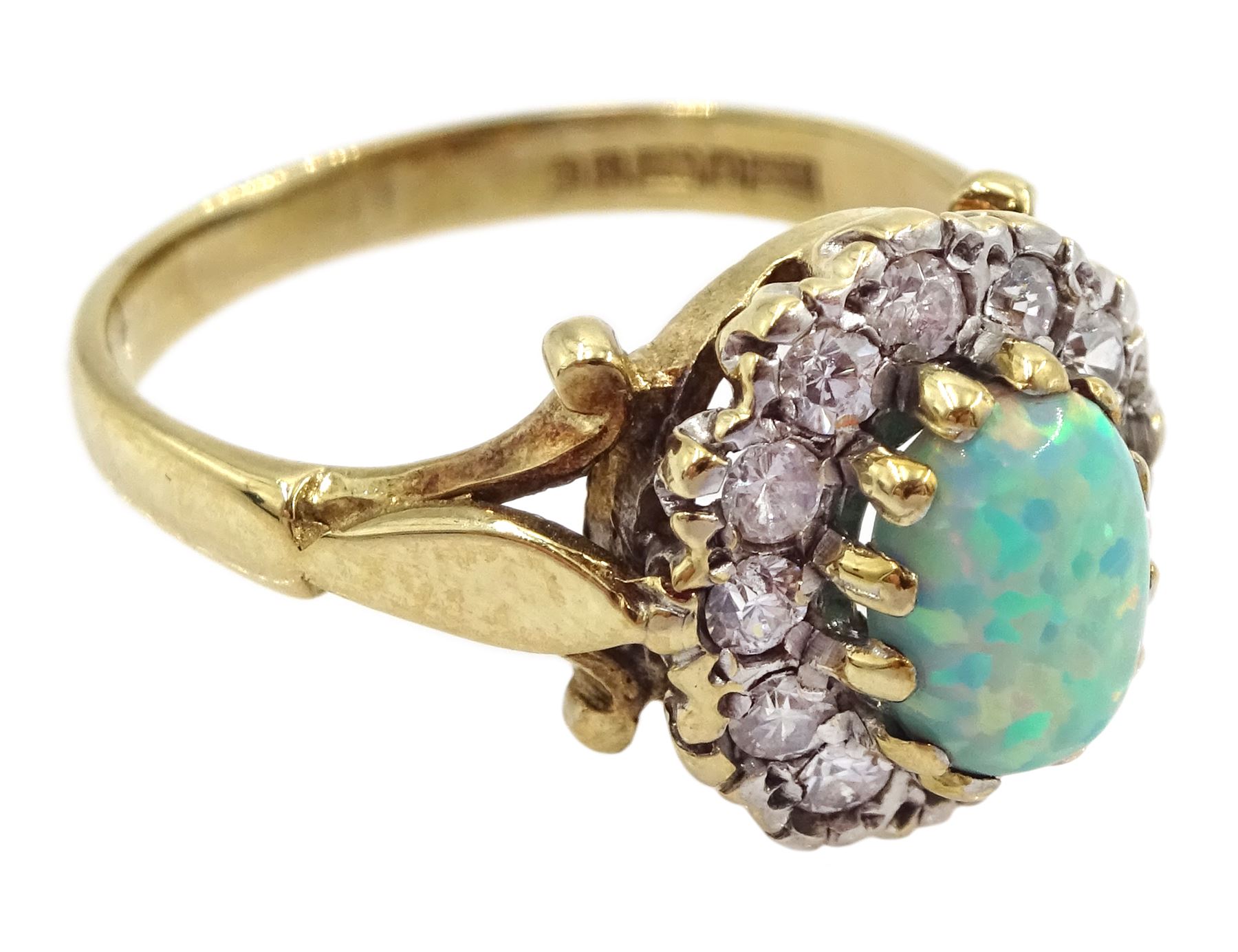 9ct gold opal and cubic zirconia cluster ring, hallmarked