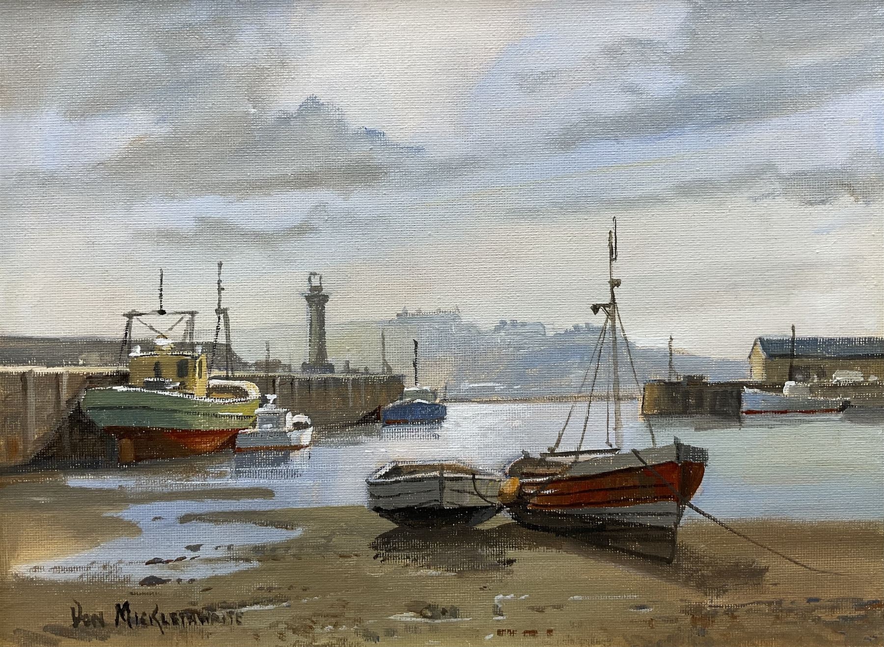 Don Micklethwaite (British 1936-):  Boats in the Harbour at Low Tide, oil on canvas signed 22cm x 29cm