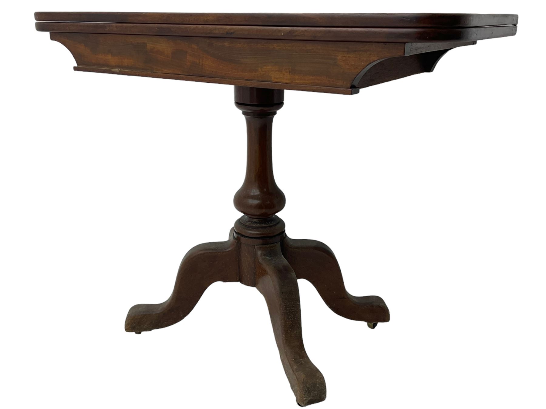 19th century mahogany table, fold-over rectangular with rounded corners, on turned vasiform column, on quadruple out splayed supports