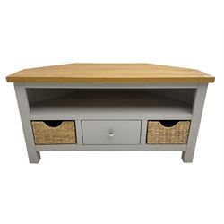 Roseland Farrow - oak and grey finish corner television stand, central drawer and two basket drawers (W100cm, H52cm, D45cm); and a matching nest of tables (51cm x40cm, H41cm)