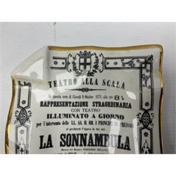 Fornasetti rectangular 'La Sonnambula' operatic poster ashtray decorated with black and white text with a gilt border edge,  with printed mark beneath, H22cm 