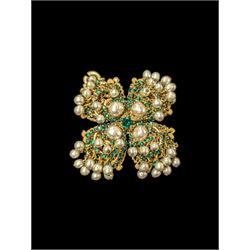 Miriam Haskell pearl and green paste gilt flower brooch, W6cm