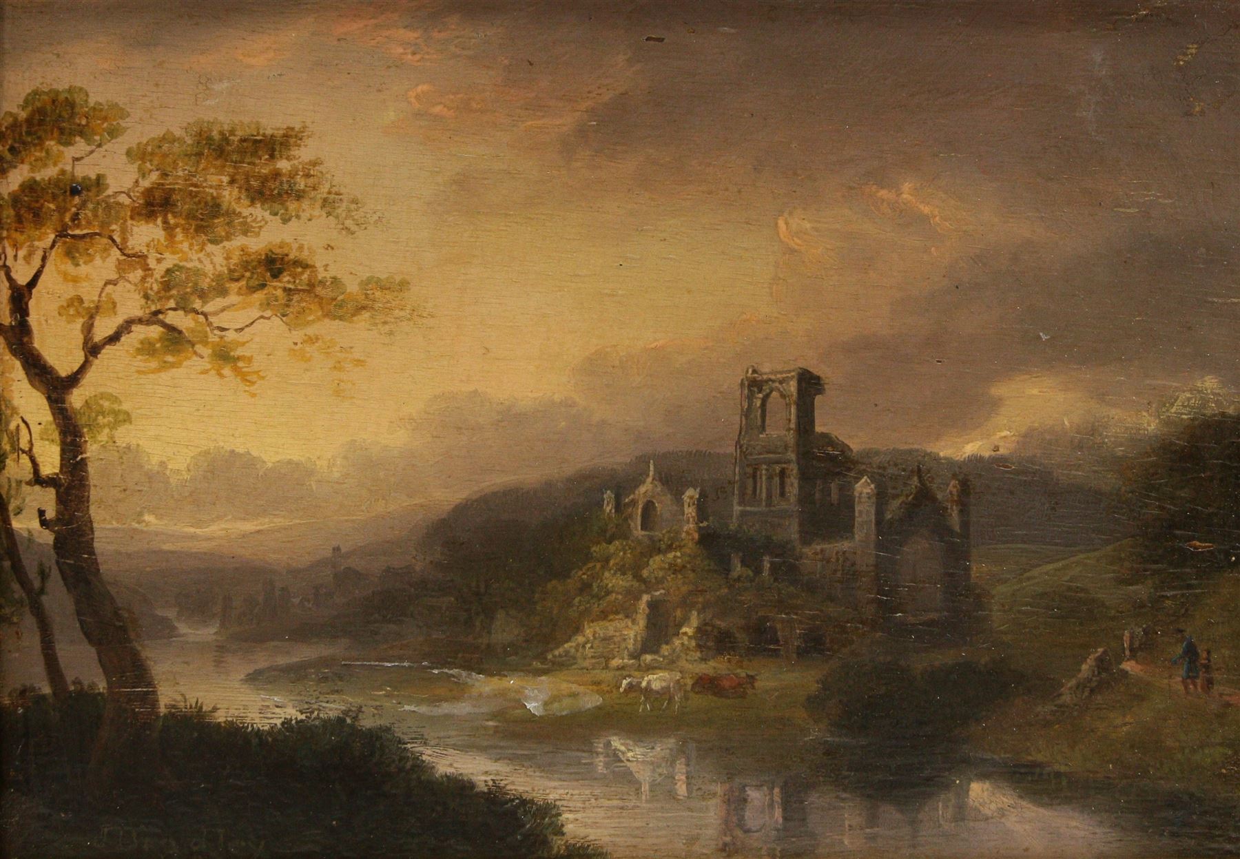 J Bradley (British 18th/19th Century): Kirkstall Abbey, oil on panel signed and dated 1825, 13cm x 19cm 