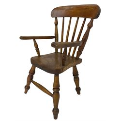 19th century elm and beech child's farmhouse chair, shaped cresting rail over stick back, on turned supports 