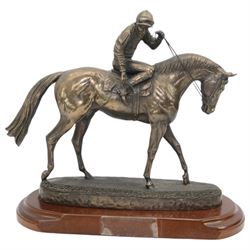 'The Weatherby's Ireland Greenlands Stakes Gr3 Winner - The Curragh 26th May 2012' - bronze resin group by Genesis Fine Art, Ireland with racehorse, jockey and lad on wooden base 34cm x 32cm and another of horse and jockey (2)