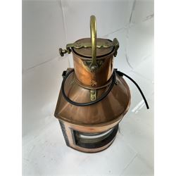 1940s copper and brass ship's corner lamp, converted to electricity, with applied plaque inscribed bow starboard patt.24, dated 1944, including handle H46cm 