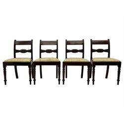 Georgian design set of six (6+2) mahogany dining chairs, the bar cresting rail inlaid with figured mahogany panel, shaped twist lobe carved middle rail with extending stylised leaf decoration, upholstered drop-in seat, on turned front supports 