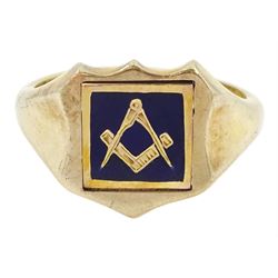 9ct gold blue enamel Masonic swivel ring, the reverse inscribed 'JB', Birmingham 1987 