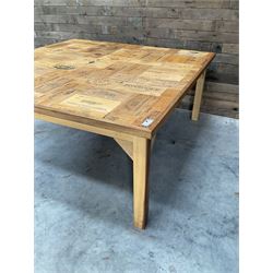 Square centre dining centre table, parquetry wine crate top with oak edging, on beech legs