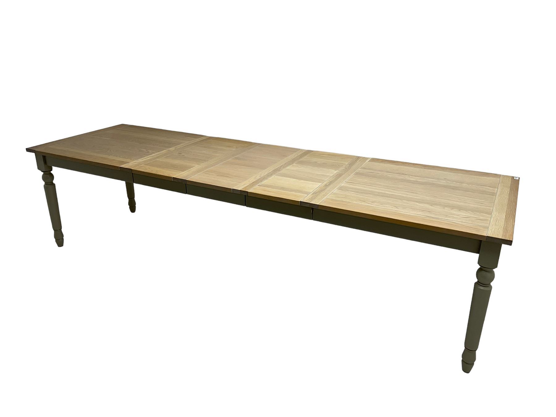 Neptune - 'Suffolk' 8-12 seat extending dining table, rectangular oak with breadboarded ends, on light grey finish base with turned supports, three additional leaves