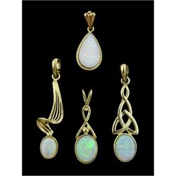 Four 9ct gold opal pendants, including Celtic and swirl designs, hallmarked