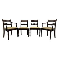 Georgian design set of six (6+2) mahogany dining chairs, the bar cresting rail inlaid with figured mahogany panel, shaped twist lobe carved middle rail with extending stylised leaf decoration, upholstered drop-in seat, on turned front supports 