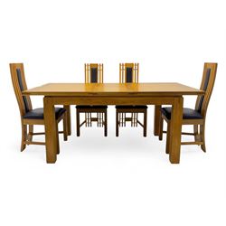 Contemporary oak extending dining table, rectangular top with integrated concealed leaf ex...