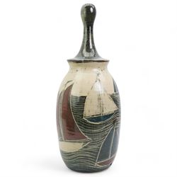 John Egerton (c1945-): Studio pottery stoneware lamp base, decorated with  sailing boats on choppy seas, signed and dated (20)18, H53cm 