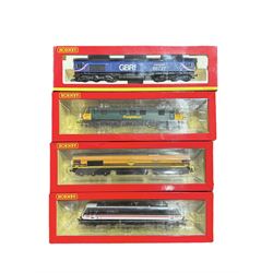 Four Hornby '00' gauge diesel locomotives, and R3786 Class 66 Co-Co Lest We Forget no. 66413, Class 90 Bo-Bo Intercity no. 90001,  R2482 Class 90 Freightliner no. 90041 and R3881 Class 66 Co-Co GBRf Andrew Scott CBE no. 66727, boxed