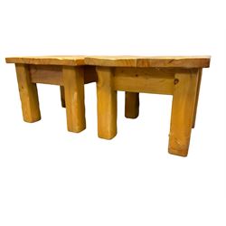 Two pine square coffee tables on block supports