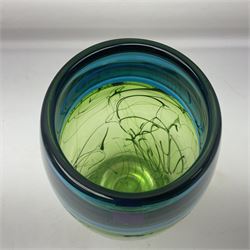 Stuart Akroyd glass vase, blue banded top and lime green lower section with free flowing line decoration, with sticker and engraved signature beneath, H29.5cm