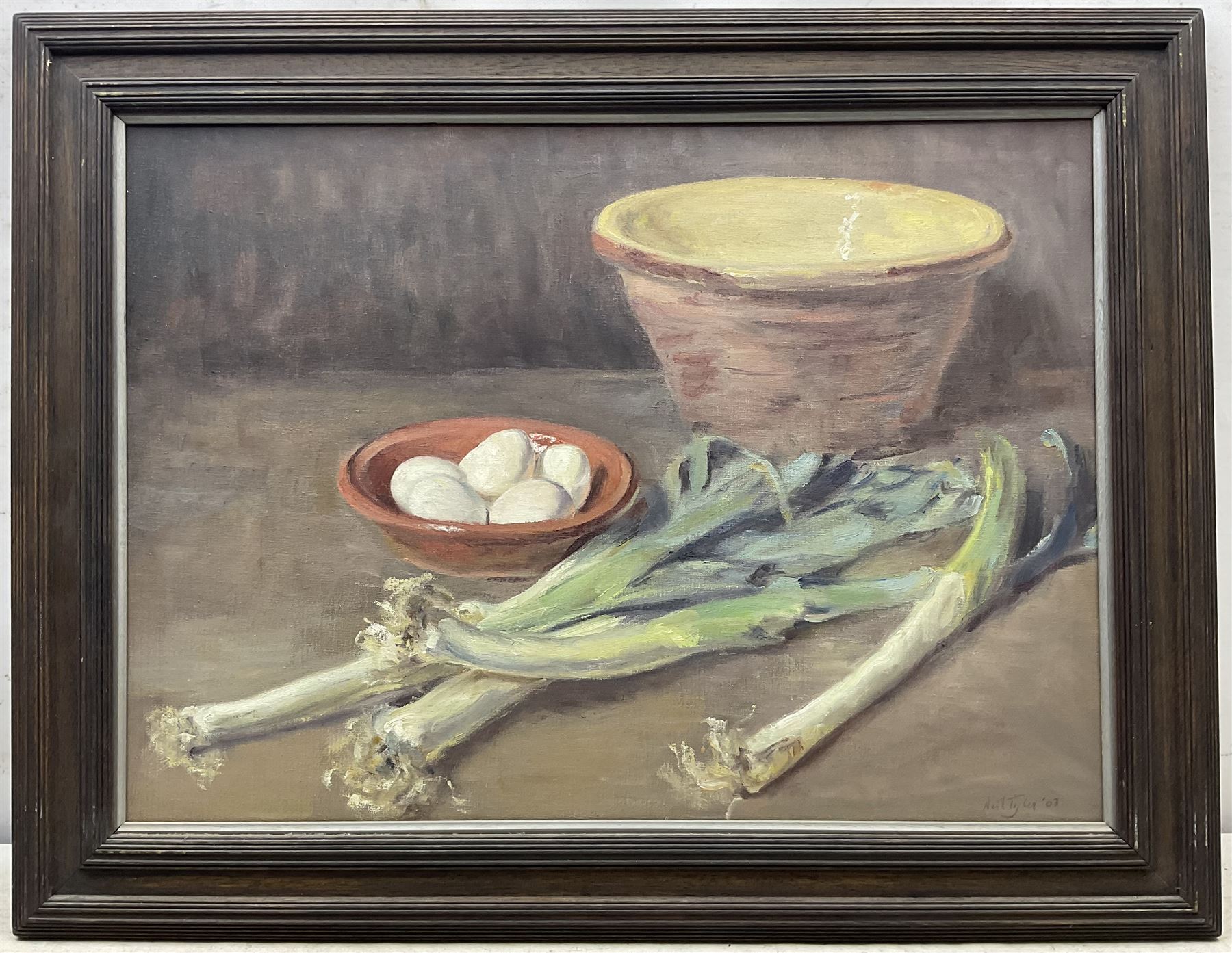 Neil Tyler (British 1945-): Still Life 'Leeks and Eggs', oil on canvas signed and dated '03, 46cm x 64cm
Provenance: exh. Chelsea Art Society, label verso
