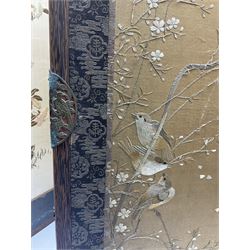 Two Oriental silk and wooden screens embroidered with birds and blossoming branches, largest H88cm 