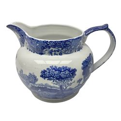 Large blue and white jug, decorated with landscape transfer print, H24cm