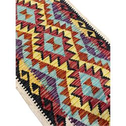 Chobi Kilim ivory ground runner rug, the field decorated with four multi-coloured lozenges, each with central geometric decoration, within concentric lozenges, enclosed by hooked border