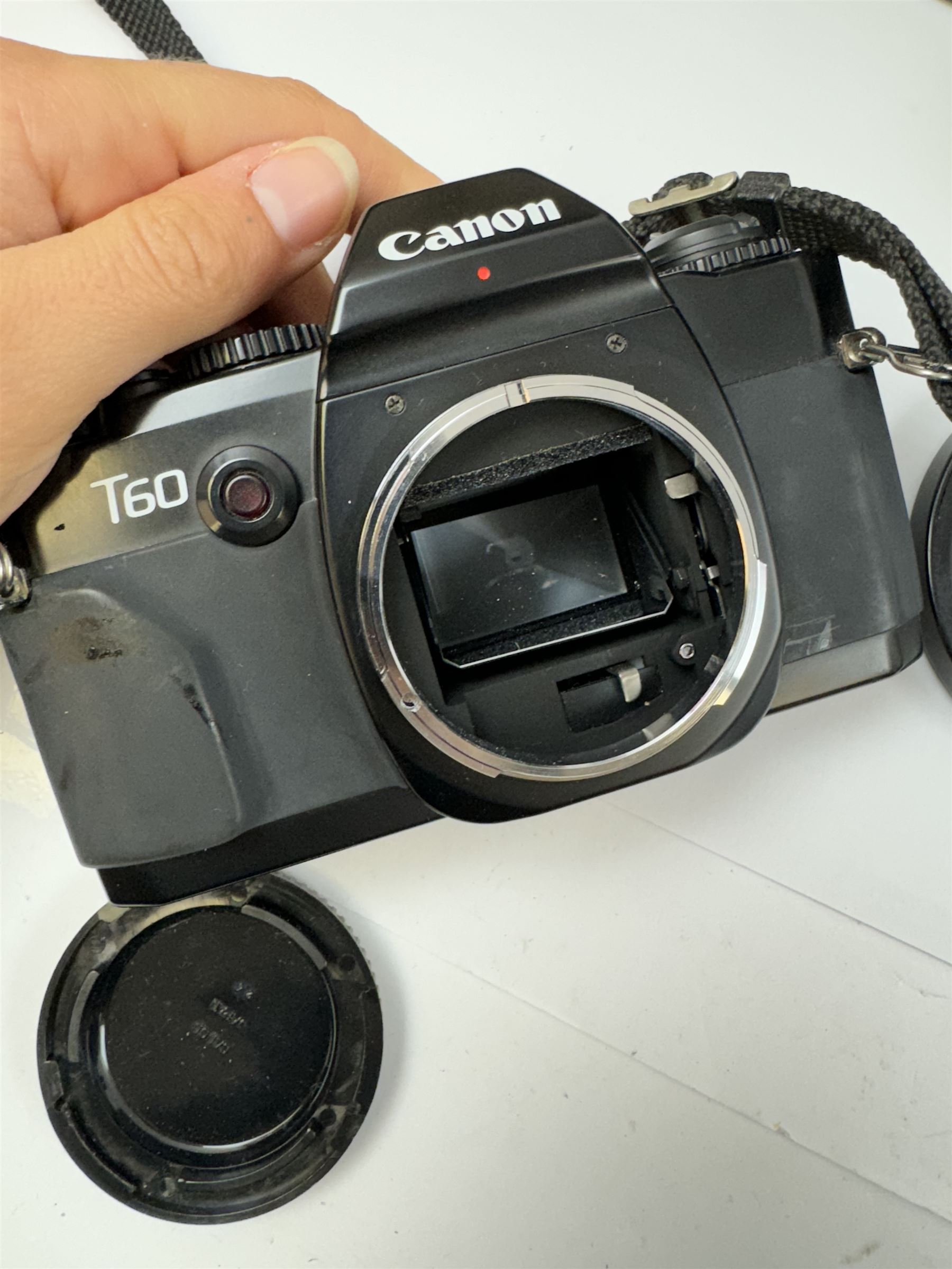 Canon T60 camera body serial no 25230455 together with a collection of Canon camera accessories, including zoom lenses, bellows, etc 