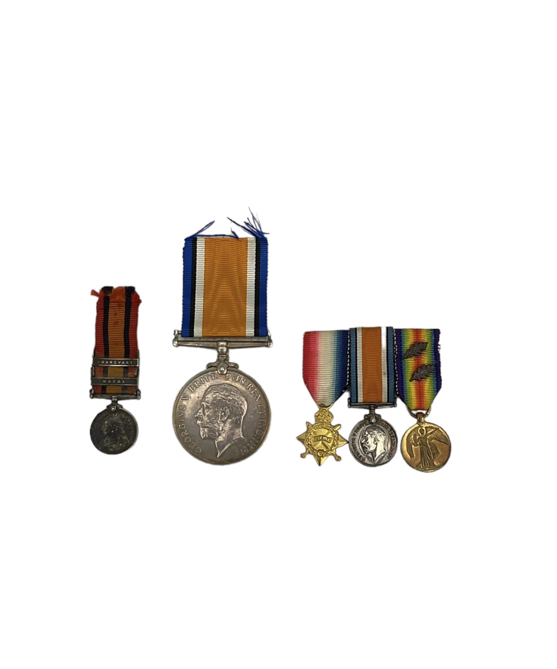 Queen's South Africa miniature medal with Transvaal and Natal clasps, WWI miniature trio and a British War medal to 2071 T.S. J Bowie Engn R.N.R. (3)