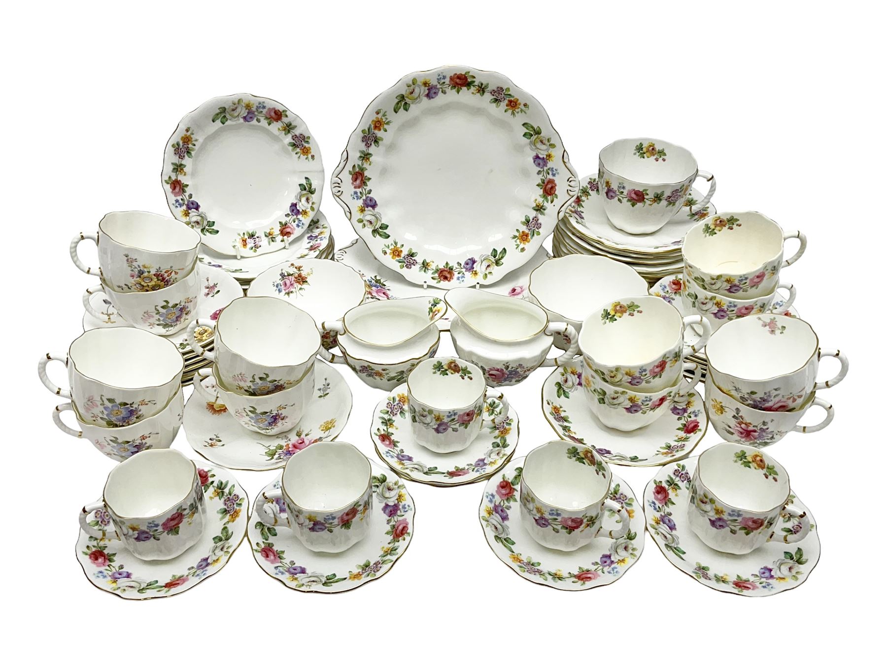 Royal Crown Derby Posies pattern tea service, including two milk jugs, two open sucrier, twelve teacups and saucers, twelve dessert plates etc 