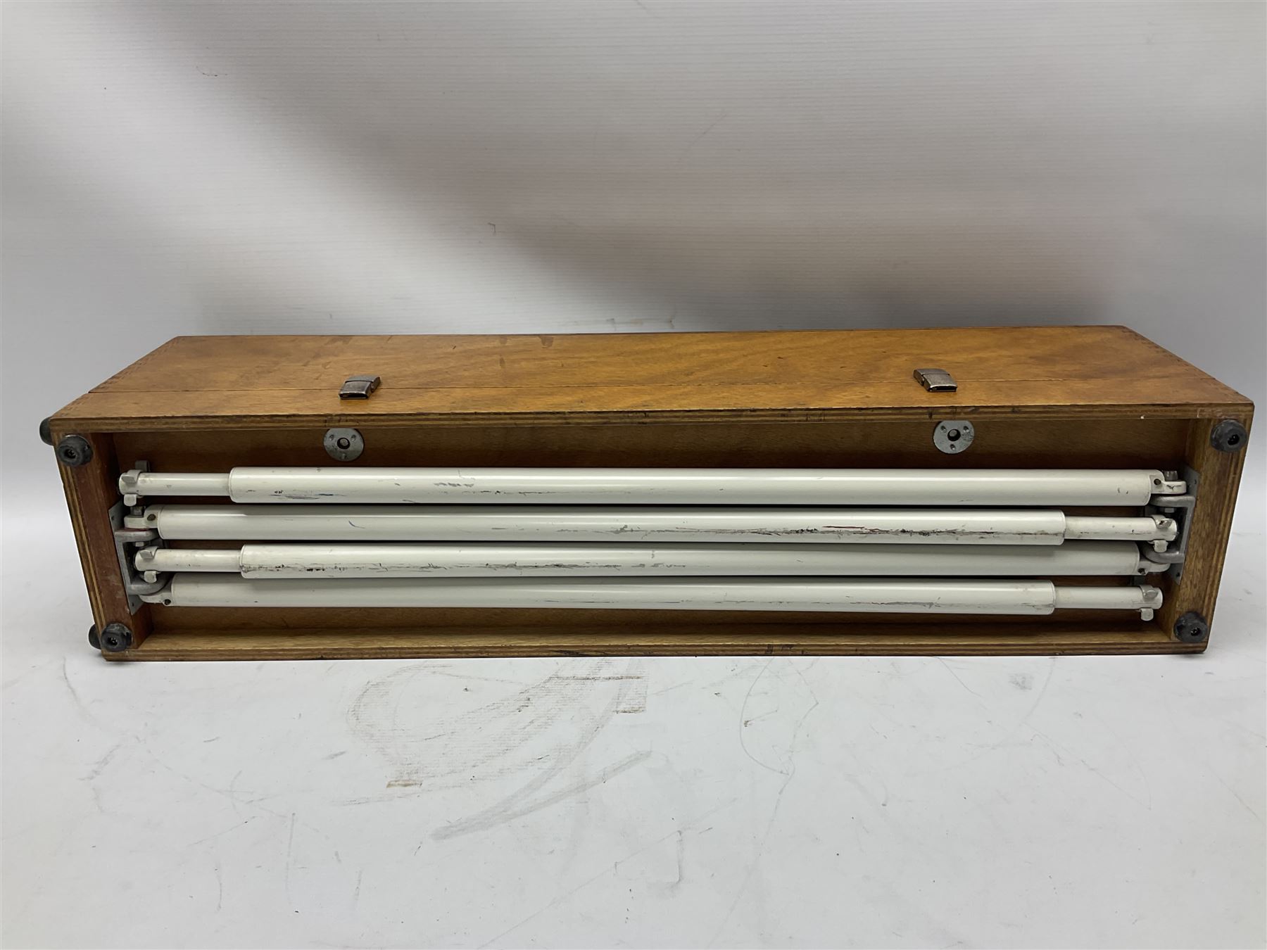 Airflow Developments Ltd. Mk.4/5 airflow testing set (Manometer), serial no.35774, in wooden case with four folding legs L83cm