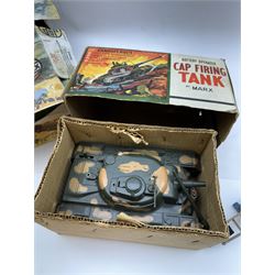 Two Airfix Assault Sets, to include Waterloo and Pontoon Bridge, both boxed, battery operated Cap Firing Tank by Marx, boxed, and a 1970s Hasbro motorcyclist 