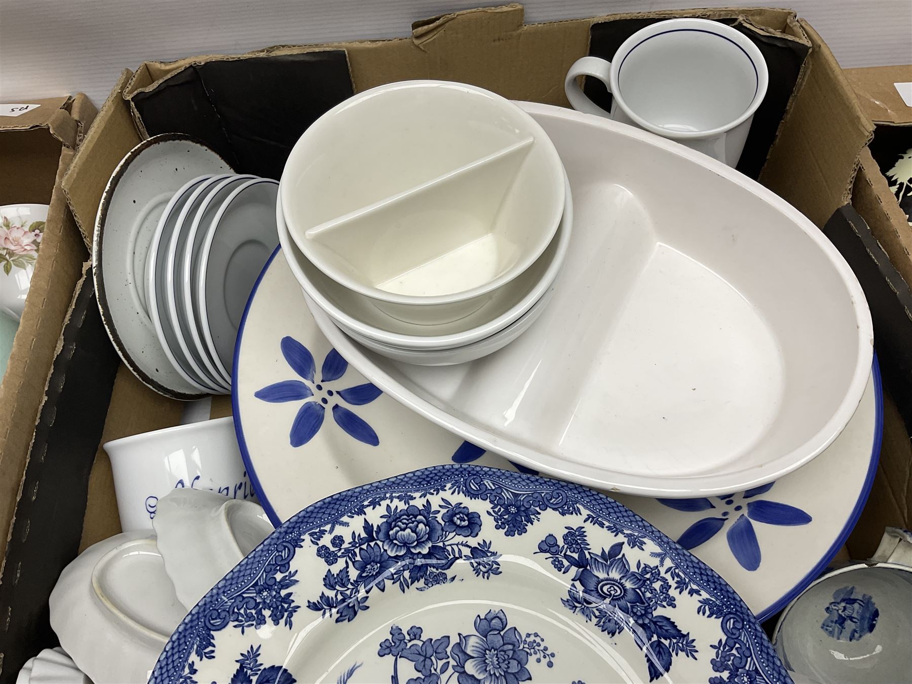 Four large meat platters, Royal Worcester Bunnykins mug and a large collection of other ceramics, including vases, dinner plates, teawares, etc, in five boxes 