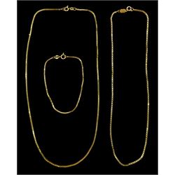 Two gold box link necklaces and a gold box link bracelet, all hallmarked 9ct