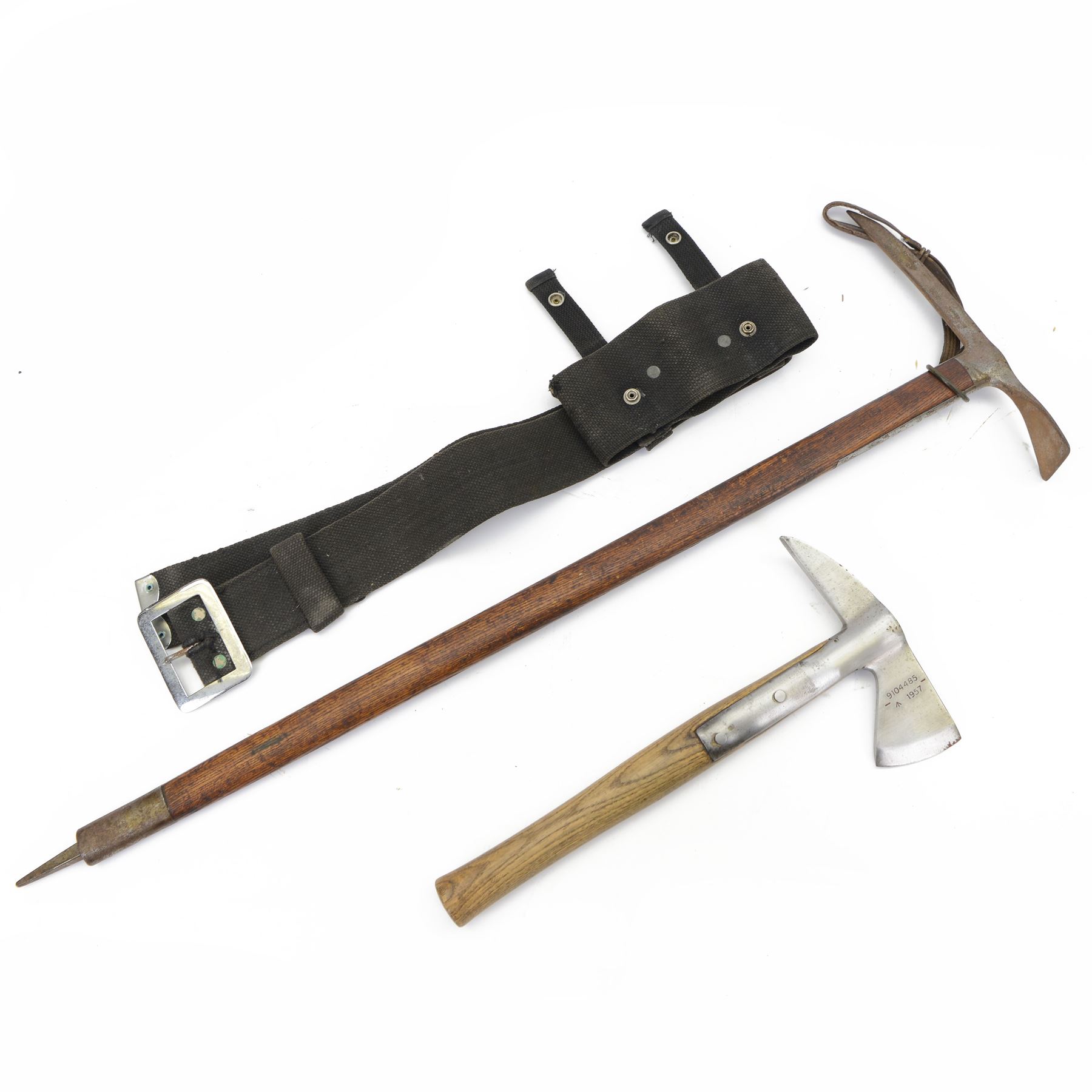 1950s fireman's axe by Elwell, model 5122, marked with Broad Arrow, with canvas belt holder, together with Swiss steel and oak climber's ice axe, the blade stamped Robert Lawrie Ltd. London W1, fireman's axe L39cm