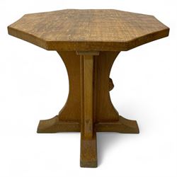 Mouseman - oak occasional table, octagonal adzed top, cruciform pedestal on sledge feet, carved with mouse signature, by the workshop of Robert Thompson, Kilburn 