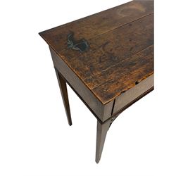 19th century oak side table, rectangular top over single cock-beaded drawers, on square tapering supports with fretwork corner brackets 