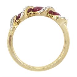 9ct gold three stone ruby and diamond crossover ring, hallmarked